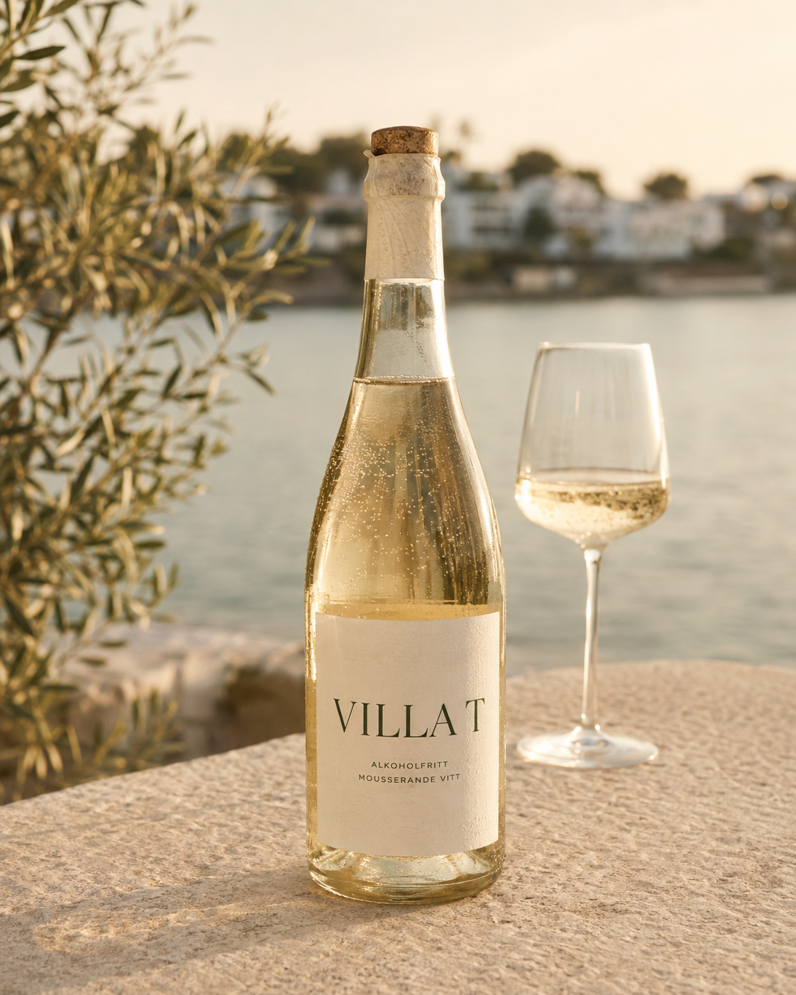 Flaska alkoholfritt mousserande vitt med Villa T-etikett